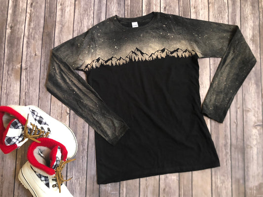 Mountain shirt, Mountains, bleached shirt, mountain bleach shirt, Galaxy, night sky, solar system, mountain and stars, outdoor shirt,