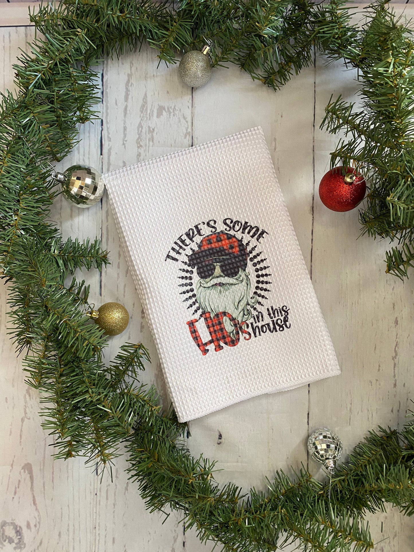 There’s some ho’s in this house, ho’s, cardi b, wap, Christmas towel, Santa Claus, funny decor, tea towel, waffle tea towel