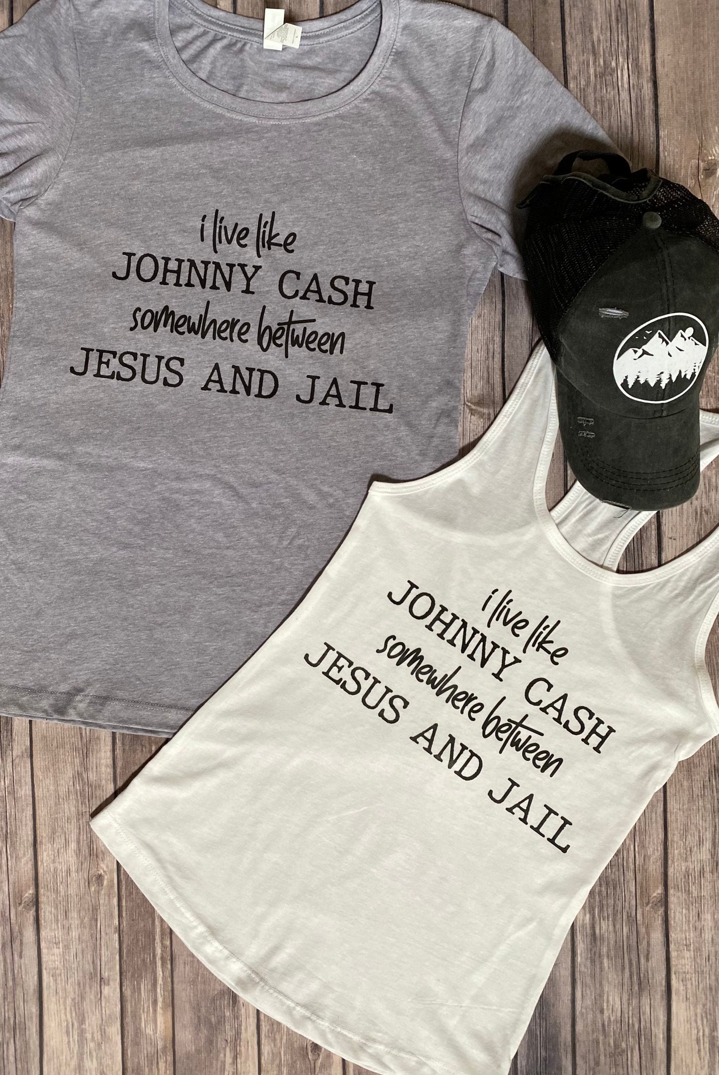 I live like Johnny Cash somewhere between Jesus and Jail, funny t shirt, beach tank top, funny tank top, graphic tank, graphic t shirt