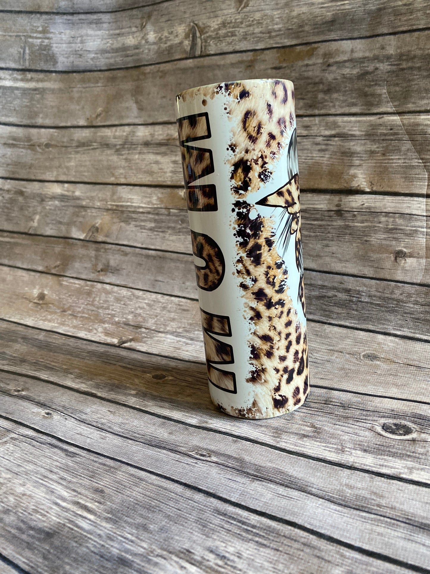 mom tumbler, leopard print tumbler, mom messy bun tumbler, 20oz skinny tumbler, messy bun mom tumbler, animal print, cheetah print, leopard