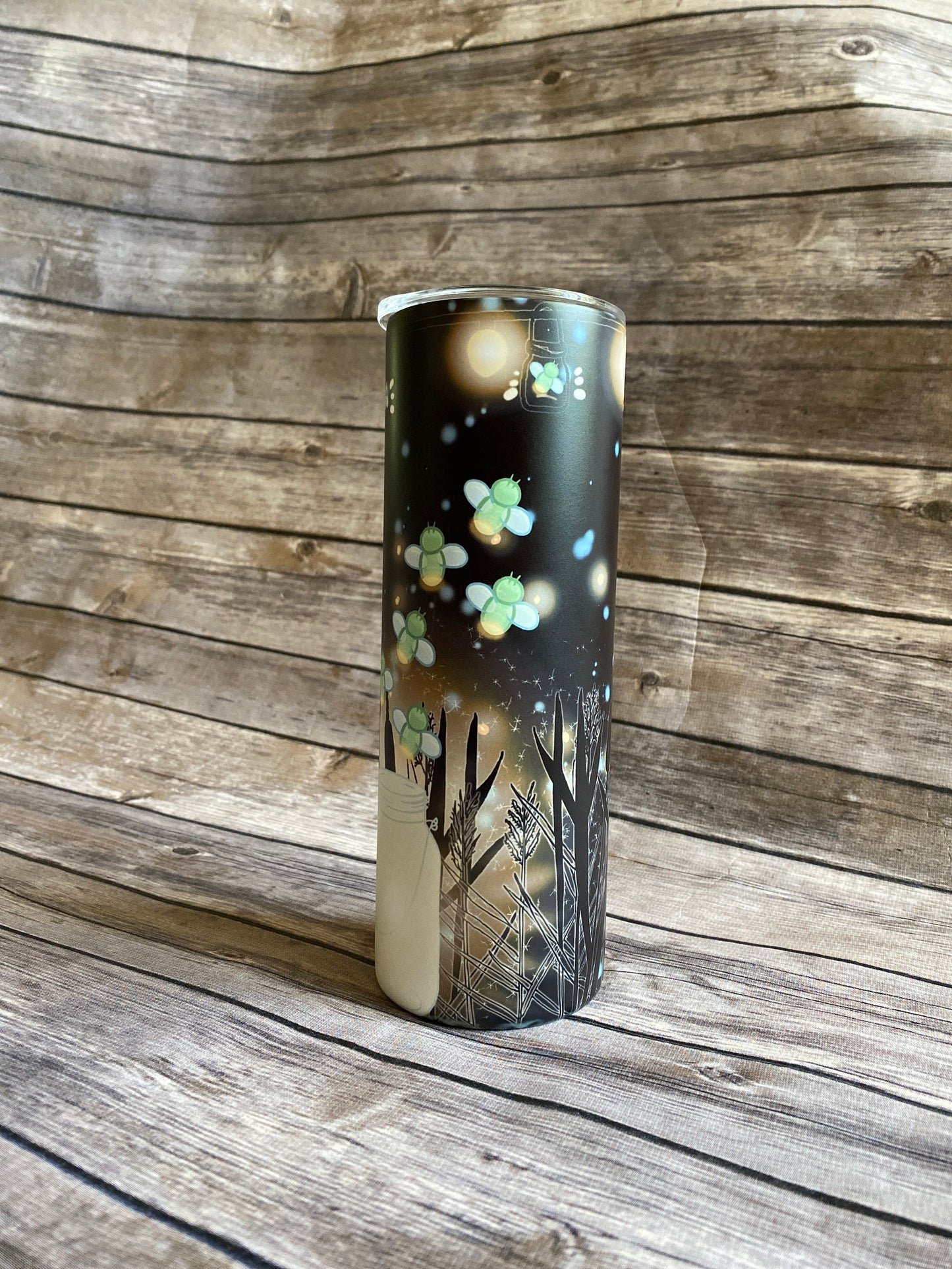 Glow in the dark tumbler, 20oz skinny tumbler, firefly tumbler, fireflies, night sky, glow in the dark, Halloween, fall, autumn