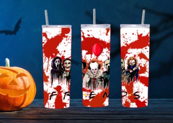 Halloween tumbler, halloween, scary movie, saw, freddie, scream, IT, mike meyers, friends, scary movie characters, 20oz skinny tumbler