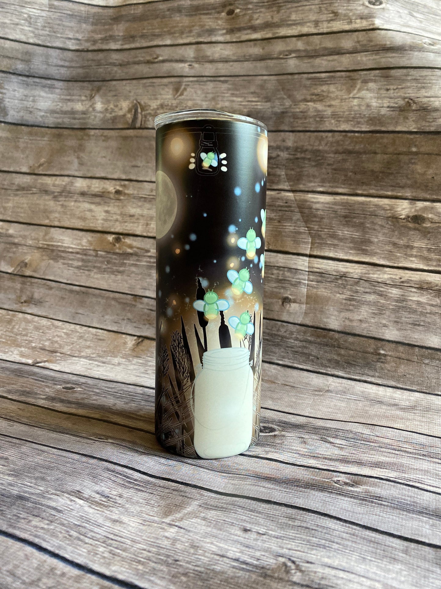 Glow in the dark tumbler, 20oz skinny tumbler, firefly tumbler, fireflies, night sky, glow in the dark, Halloween, fall, autumn
