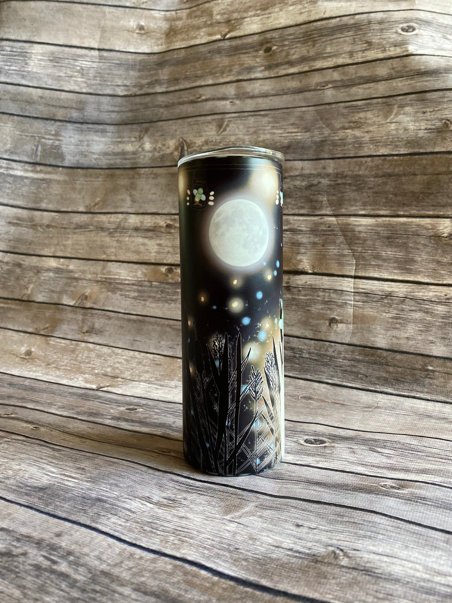 Glow in the dark tumbler, 20oz skinny tumbler, firefly tumbler, fireflies, night sky, glow in the dark, Halloween, fall, autumn