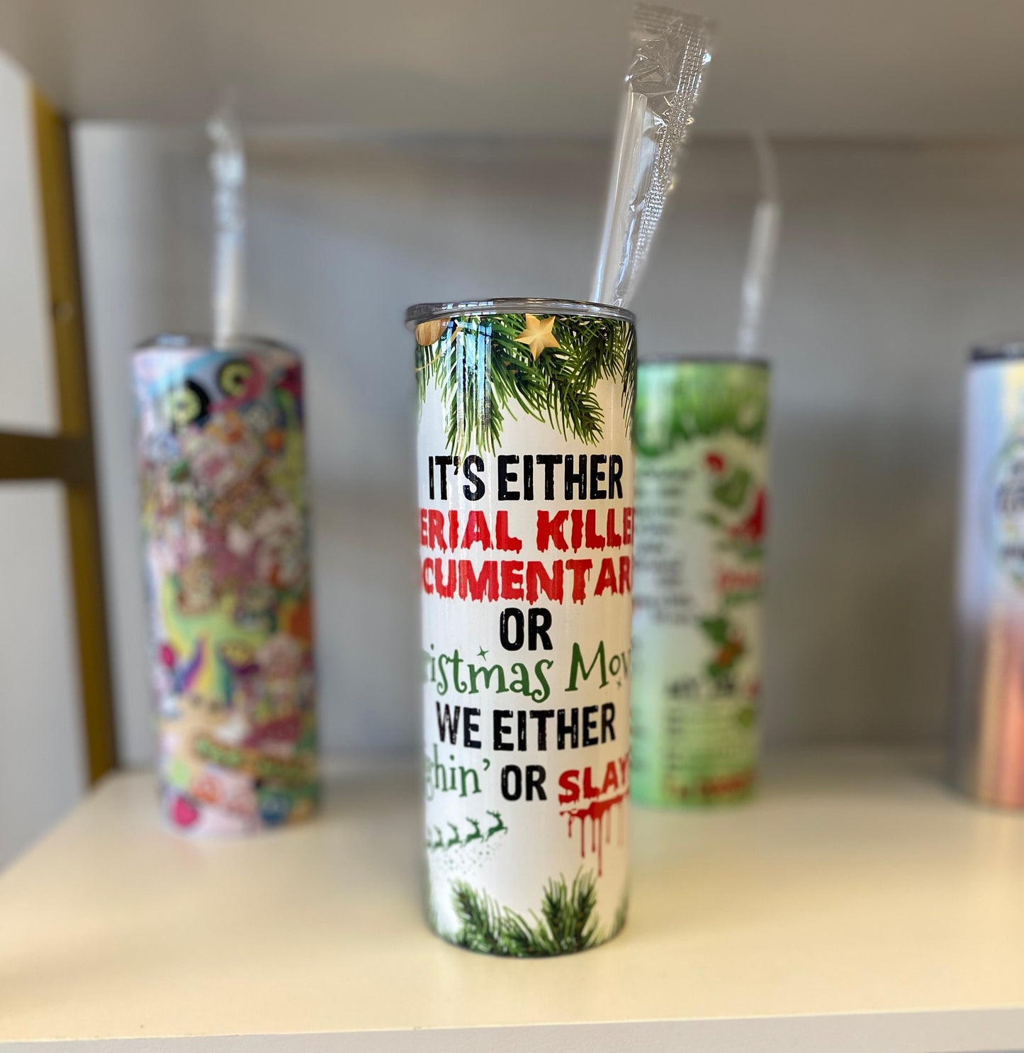 Slayin or sleighin, 20oz skinny tumbler, Christmas tumbler, it’s either serial killer, crime shows, murder shows, Christmas, Christmas gift,