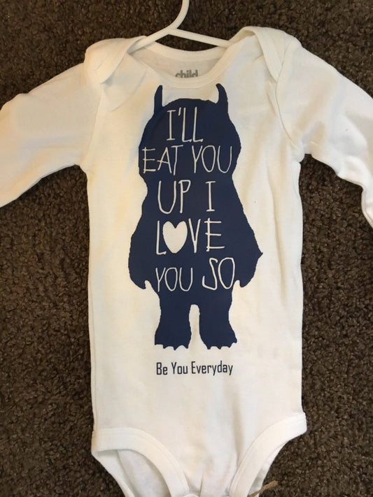 I'll eat you up I love you so, wild things, outfit, newborn, baby shower gift, cute Tshirt, monster top, garment, baby gift, baby romper,