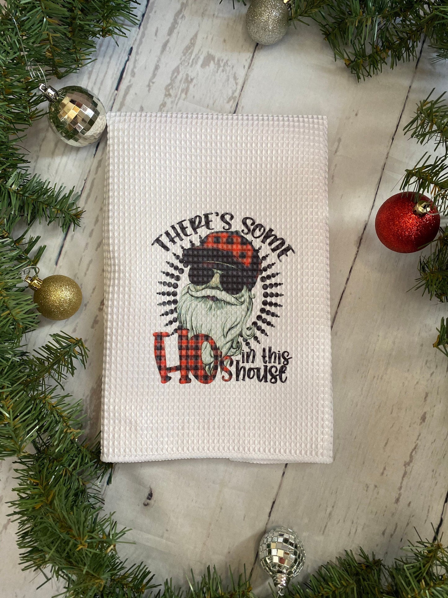 There’s some ho’s in this house, ho’s, cardi b, wap, Christmas towel, Santa Claus, funny decor, tea towel, waffle tea towel