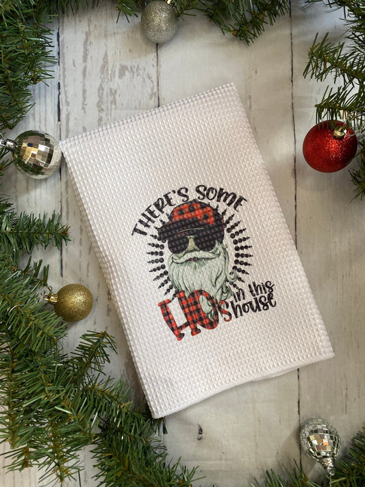 There’s some ho’s in this house, ho’s, cardi b, wap, Christmas towel, Santa Claus, funny decor, tea towel, waffle tea towel