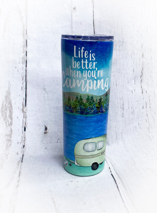 Tumbler, camping tumbler, 20oz skinny tumbler, camping is life, camping life, camper, camping, outdoors, custom tumbler, summer time, mother