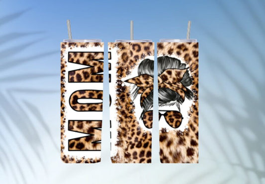 mom tumbler, leopard print tumbler, mom messy bun tumbler, 20oz skinny tumbler, messy bun mom tumbler, animal print, cheetah print, leopard