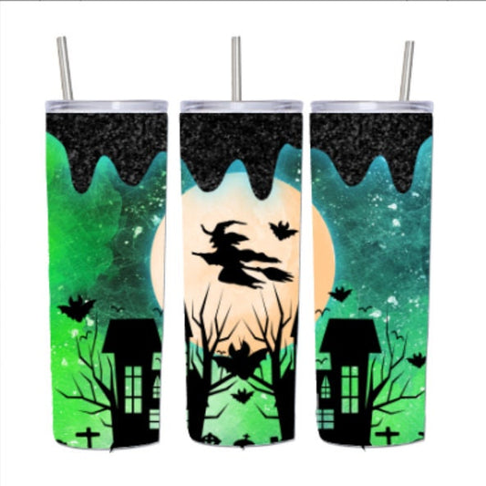 witch tumbler, Halloween tumbler, double walled tumbler, spooky tumbler, Halloween, haunted house, skinny tumbler, duo lid tumbler, printed